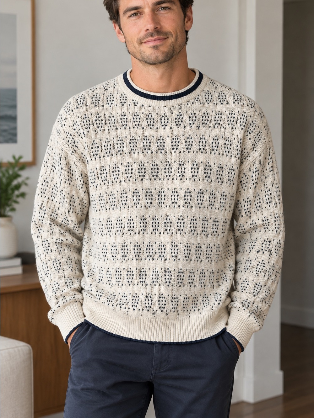 Vintage Bill Blass Menswear Cream blue green knit Sweater. Made USA